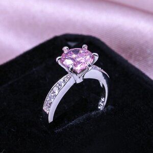 🍁 Dainty Round Pink Gemstone Anillos Wedding Silver Ring for Women, VIP520
